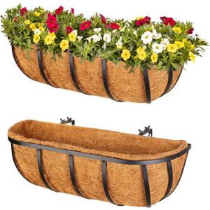 Legigo 2 Pack 16 Inch Window Box Deck Railing Planter with Coconut Liner, Balcony Rail Planters Horse Trough Window Planter Boxes, Metal Railing Hanging Flower Baskets for Outdoor Porch Fence Patio