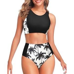 Tempt Me Women Two Piece High Waisted Bikini Set Sporty Swimsuits Bathing Suit with Bottom for Teen Girls (Small, Black)