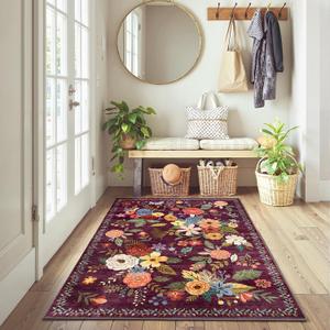 Floral Machine Washable Rug, 3x5 Rug Non Slip Soft Bedroom Rugs for Entryway Dorm, Ultra-Thin Rugs for Bedroom Stain Resistant (3 x 5, Purple)