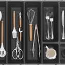 JEHONN Silverware Organizer, Utensil Drawer Tray for Kitchen Flatware Cutlery, Large Adjustable Plastic Storage Divider with 7 Compartment for Spoons Forks Knives (Black)