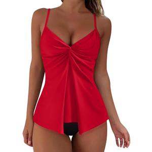 SUUKSESS Women's Tummy Control Tankini Swimsuit Push Up Knot Front Bathing Suit (X-Large, Red)