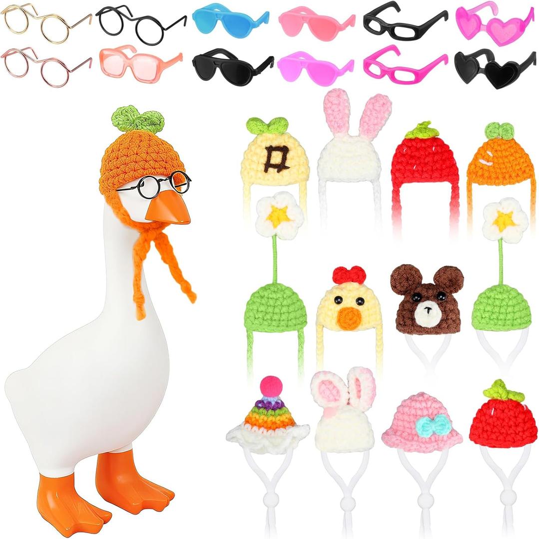 24pcs Desk Goose Outfits 7 Inch Mini Goose Hats with Sunglasses Mini Desk Knitting Outfits Hat Sunglasses for Magnetic Statue Table Decor