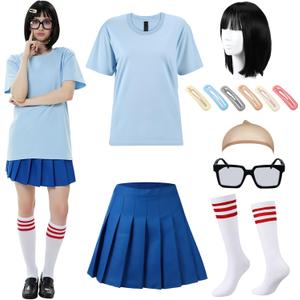 Mepase 7 Pcs Halloween Nerd Costume for Women Includes Black Bob Wigs Blue Top Short Skirts Glasses Socks Hair Clips (Large)