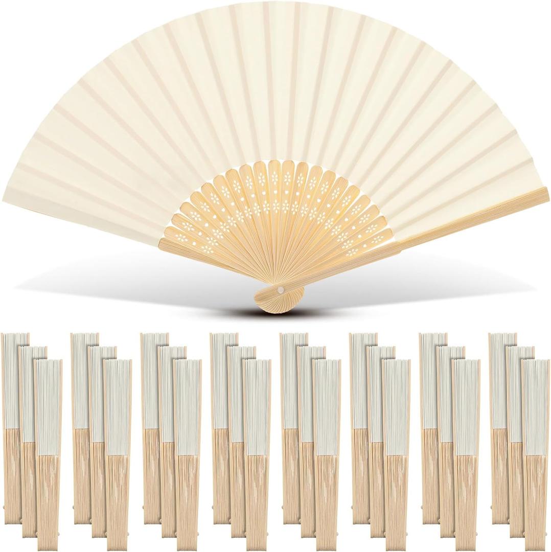 Yinkin 24 Pack Folding Fans Bamboo Handheld Folded Craft Hand Japanese Chinese Fans for Weddings Bridal Dancing Church DIY Decoration Women Gift Party Favors (Cream)
