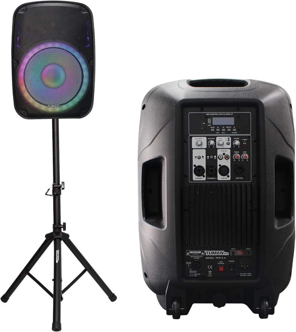 Portable 15-Inch PA Speaker System DJ Amplified Loud Speaker with Stand Bluetooth/USB/SD Card Reader/FM Radio/Remote Control/LED Light, Good for Churches, Bands, Parties