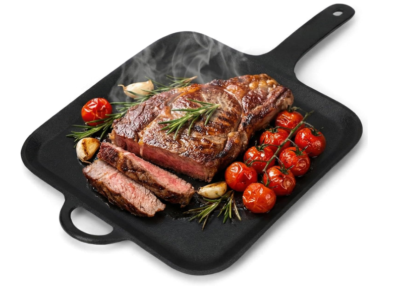 12 Inch Cast Iron Square Griddle, Seasoned Skillets with Ring Handle, Heat Resistant Griddle for Pancakes, Eggs, Steak, Durable Griddles for Stove Top Oven Safe for Kitchen Cooking