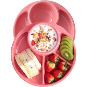 Unbreakable Divided Plates for Adults Portion Control Plates Set of 2 Round Plastic Dinner Plate 9 Inch for Camping Outdoor or Every Day Use (Style 1 Pink)