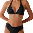 TASHEHE Women's Bikini Set Ruched Triangle Swimsuit Two Piece Sexy V Cut Halter Bathing Suit - 609 / Black - X-Large (Black, XL)