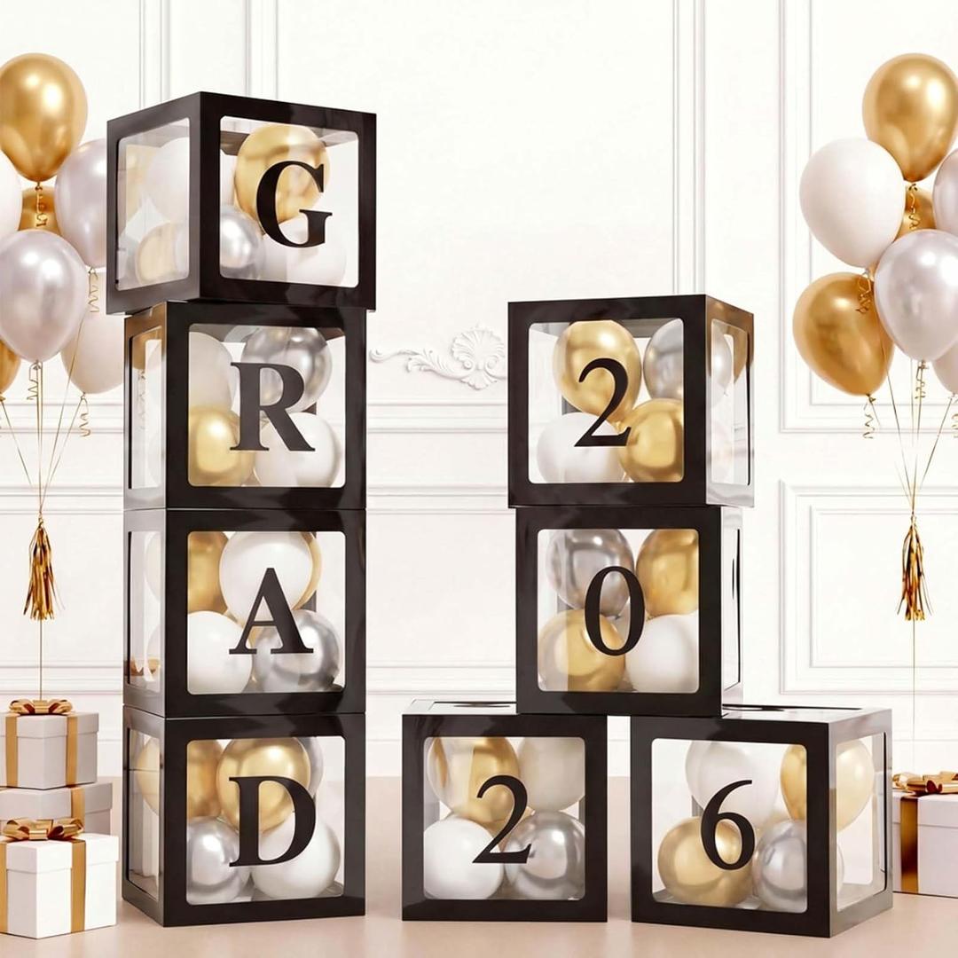 Ledido 2026 Graduation Balloon Boxes Decorations, 4 Pieces Black Clear Grad Balloon boxes with Letters, Class of 2026 Graduation Party Supplies for College, High School, Prom, Birthday, Baby Shower