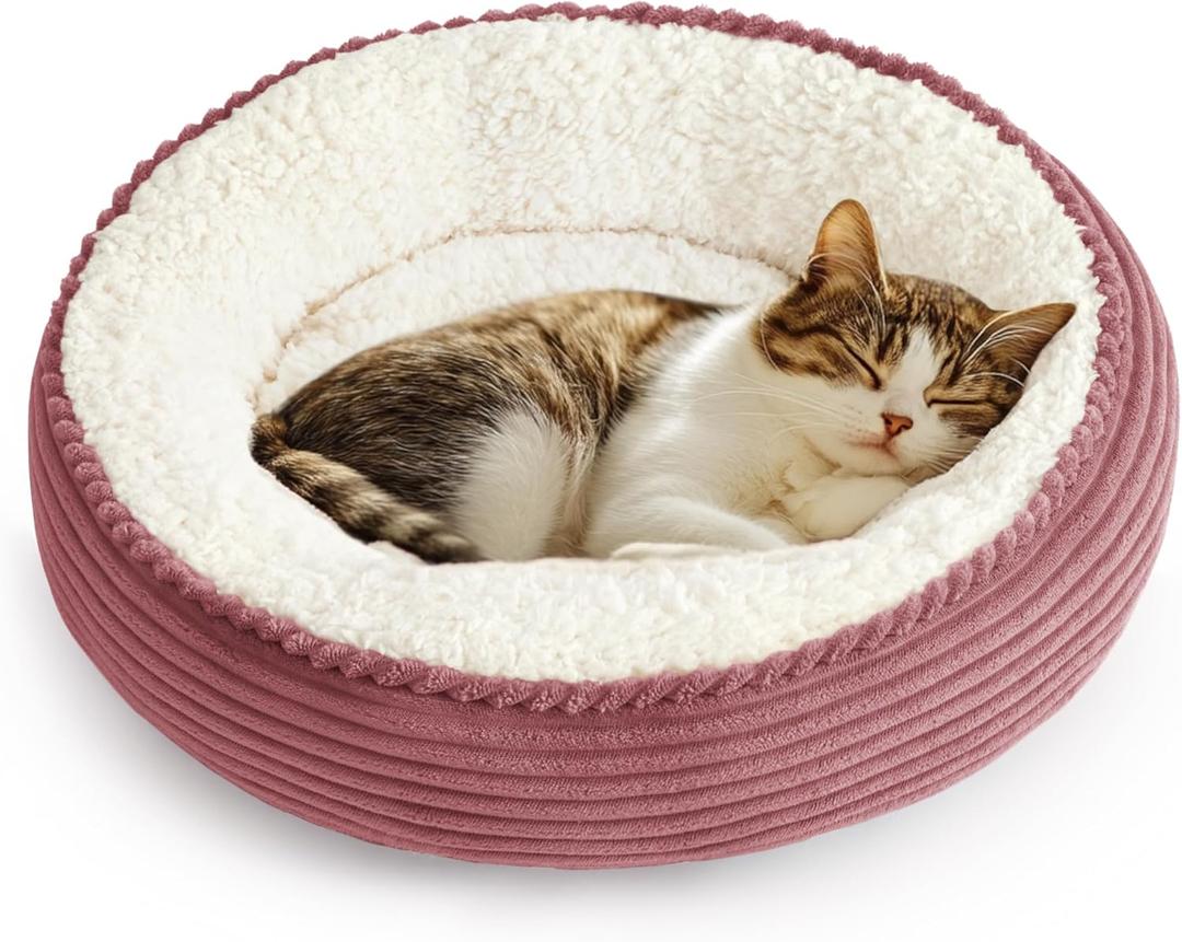Love's cabin Round Donut Cat and Dog Cushion Bed, 20in Pet Bed for Cats or Small Dogs, Anti-Slip & Water-Resistant Bottom, Super Soft Durable Fabric Pet beds, Washable Luxury Bed Dusty Rose Stripe (19.7"L x 19.7"W x 5.9"Th)