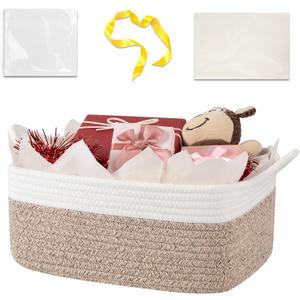 OIASKET Basket for Gifts Empty, Woven Storage Basket with Gift Bag, Ribbon and Wrap Tissue Paper, Small Rope Toy Storage with Handles for Baby Shower, Dog Toy Organizer, 13.6" x 10" x 5.9 (Brown & White)