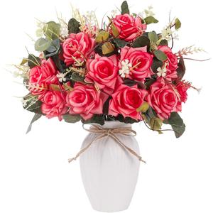 LESING Artificial Rose Flowers with Vase Faux Silk Fake Rose Flowers Bouquets in Vase Table Centerpiece Arrangement for Home Wedding Decoration (Red)