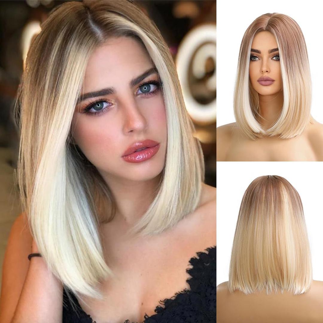 Ombre Platinum Blonde Short Curly Wigs Human Hair, Real Hair Look, Lightweight, Breathable, Heat Resistant, and Capless for Comfortable Wear (Platinum, 14inch)