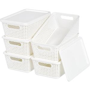 Plastic Storage Baskets With Lid, Storage Bins for Organizing, Stackable Decorative Containers for Shelves Drawers Desktop Closet Playroom Classroom Office, 6 Pack- White