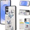 UEEBAI Wallet Case for Samsung Galaxy S25 Edge 5G with Card Holders, PU Leather Floral Cover Kickstand RFID Blocking Double Magnetic Clasp Rilievo Flower Flip Case for Women Girls - Blue Butterfly