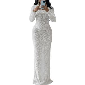 Uni Clau Long Sleeve Bodycon Maxi Dress for Women Elegant Crew Neck Textured Slim Fit Fall Party Dresses White