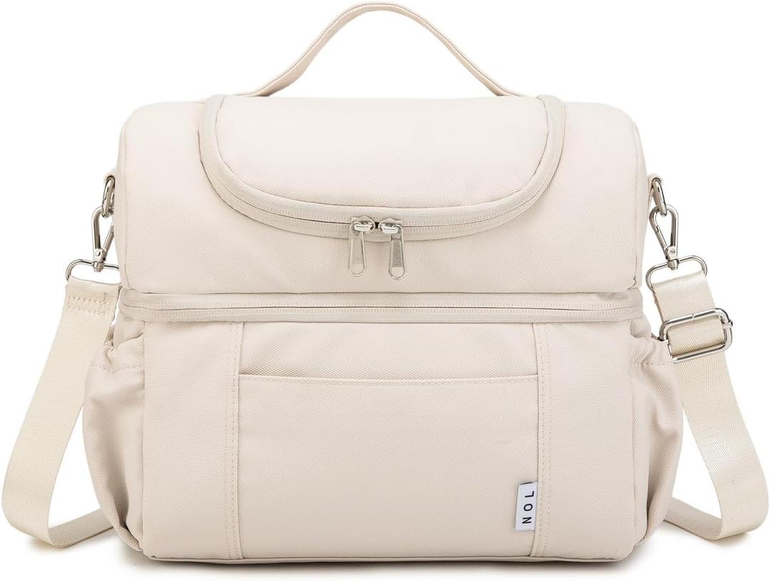 NOL Natural Organic Lifestyle Adult Lunch Box Insulated Lunch Bag Large Dual Compartment Lunch Bag Coolers Lightweight Nylon Waterproof Lunch Box for Work, Picnic, Travel, Outdoors, Cream