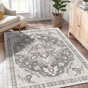 4x6 Washable Area Rug with Non-Slip Backing Low-Pile Soft Bohemian Distressed Boho Printed Rug for Living Room, Entryway, Bedroom, Home Office, Farmhouse - Ash (4'x6', Han-ash)