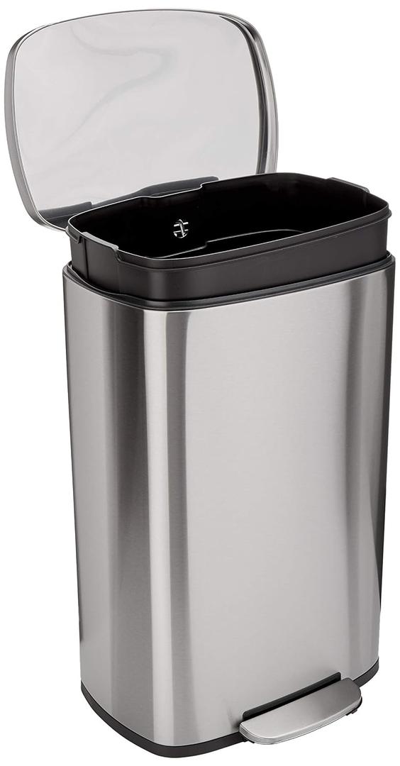 Amazon Basics LARGE Trash Can, 13.2 Gallon (50L), Smudge Resistant Rectangular Bin with Soft-Close Lid, Step Foot Pedal, Removable Inner Bucket, Brushed Stainless Steel, Satin Nickel Finish