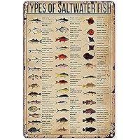 OKTFES Vintage Fishing Metal Sign Types of Saltwater Fish Knowledge Tin Sign Plaque Wall Decor Home Man Cave Garage Bar Cafe Kitchen 6x8 Inch