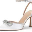 VETASTE Women's Double Bow Pointed Toe Ankle Strap Crystal Pumps Wedding Bridal Party Stilettos Backless Satin Heeled Sandals (6, 01-white)