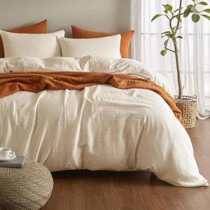 SE SOFTEXLY Muslin Duvet Cover King Size, 100% Washed Cotton Duvet Cover Set, Ultra Soft Comforter Cover Linen Like, 3 Pieces Minimalist Gauze Duvet Cover with 2 Pillowcases, 90"x104", Off-White