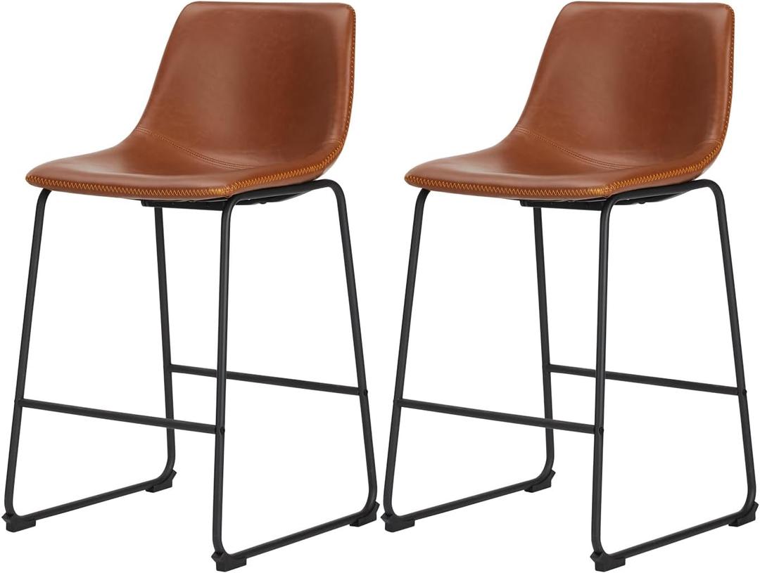 Sweetcrispy Counter Height Bar Stools Set of 2, Modern Counter Stool Faux Leather Barstools with Back, 26 inch Seat Height Island Stools Countertop Comfortable Brown Bar Chairs with Metal Legs