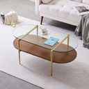LumFurn Oval Glass Coffee Table, Mid-Century Modern Table for Living Room, L41xW21xH17inch, Clear Glass and Walnut Finish MDF Wood, Gold Finish Frame