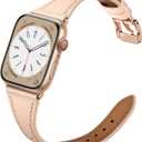 Slim Leather Bands Compatible with Apple Watch Band 42mm 41mm 40mm 38mm, Genuine Leather Replacement Strap for iWatch Series 11/10/9/8/7/6/5/4/3/2/1 SE 3/2/1 Women, Pink Sand/Rose Gold