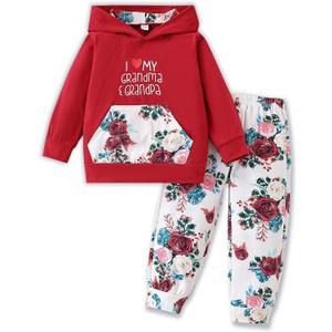 2PC Girls Clothes Girl letter and Floral print Hooded Set, letter print Top +Floral print Pants Set (Red, S)