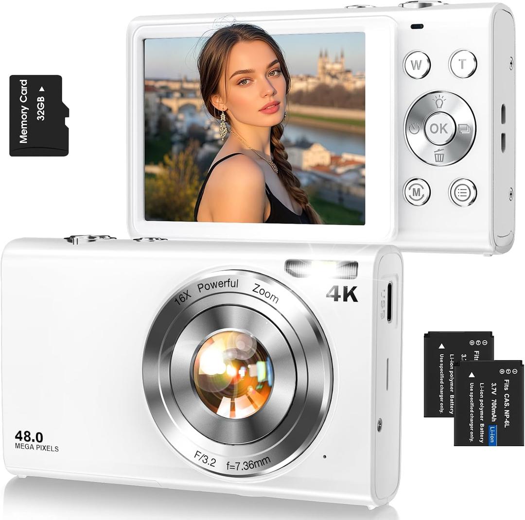 Digital Camera, Autofocus 4K Vlogging Camera for Photography with 32GB Card,48MP Portable Compact Point and Shoot Digital Camera for Teens Adult Beginner with 16X Zoom, Anti-Shake, 2 Batteries(White)