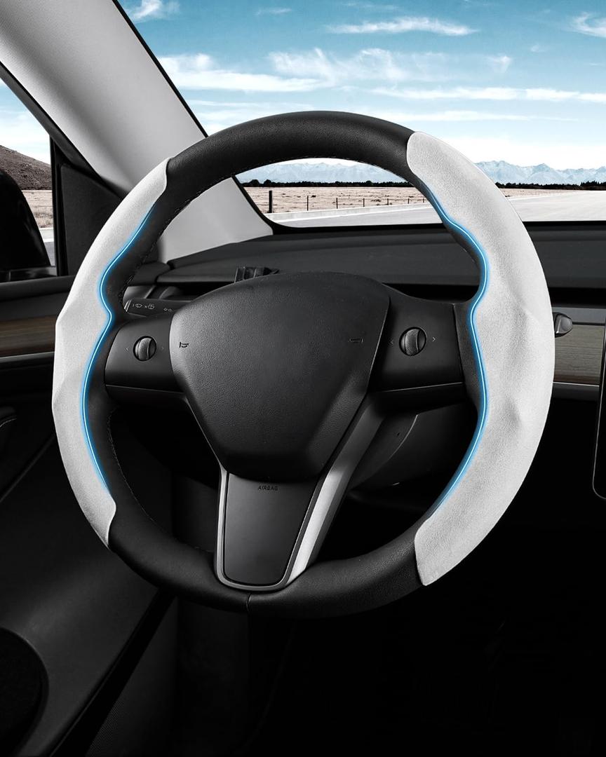 Shademax Custom-Fit for Tesla Steering Wheel Cover, Tesla Model Y/3 2017-2025 2026 (Fit Model Y Juniper 2026/ Model 3 Highland) Suede Steering Wheel Cover Non-Slip Tesla Model Y/3 Accessories (White)
