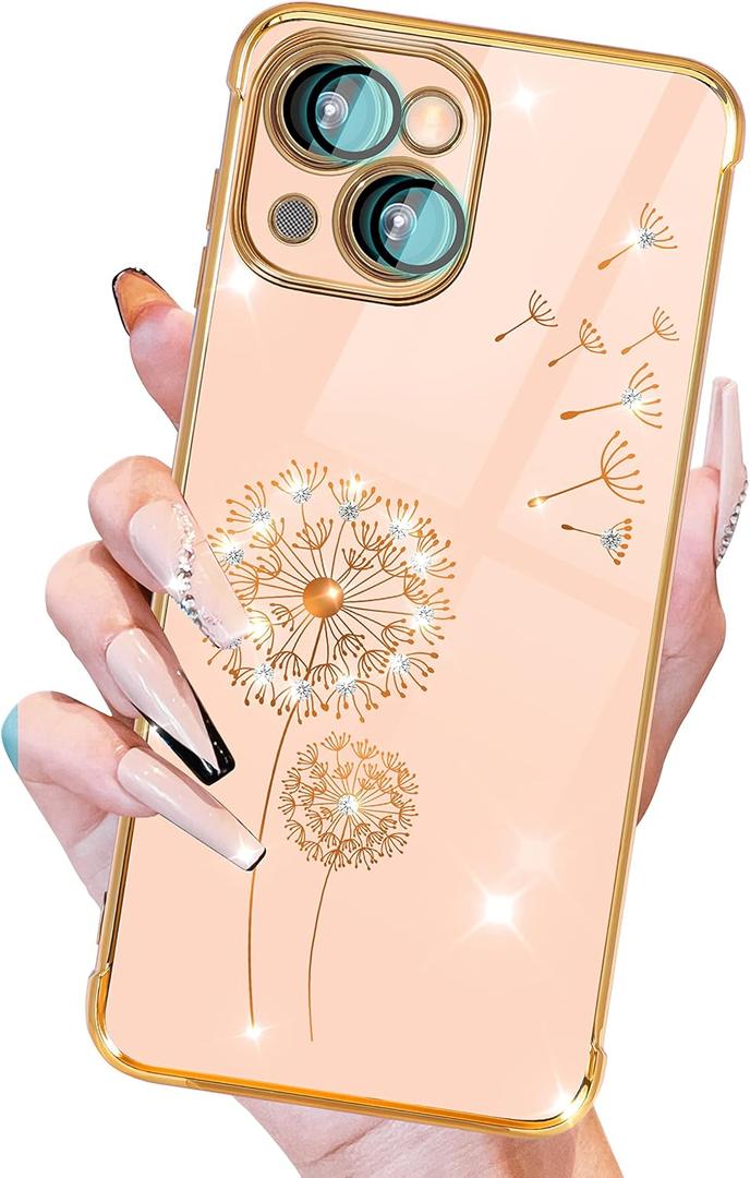 Petitian iPhone 14 Plus Case, Cute Women Girls Bling Glitter Dandelion Designed Phone Case, Girly Gold Plating Phone Cover with Camera Protection (Sparkle Dandelion-Pink)
