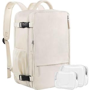 Travel Backpack for Women, Expandable 40L Carry on Flight Approved Backpack, 17 Inch Laptop Waterproof Travel Bag for College, Travel, Work, Beige
