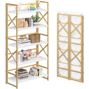 4NM 5 Tiers No Assembly Book Shelves, 51.2" H Folding Bookshelf Bookcase Open Industrial Foldable Shelves for Bedroom, Living Room, Home Office - White Gold