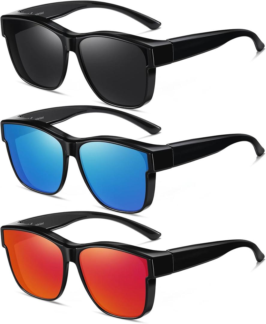 Wzerry Sunglasses Over Glasses for Women - Polarized UV400 Protection, Fit Over Glasses Sunglasses (Pack of 3) Black/Grey + Black/Blue + Black/Red)
