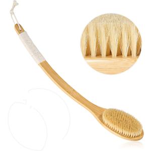 Bath Body Brush Shower, 22" Super Long Curved Bamboo Handle Antiskid Back Body Scrubber Wet/Dry Brushing, Moderately Soft Natural Bristle Body Brush for Showering (Beige)