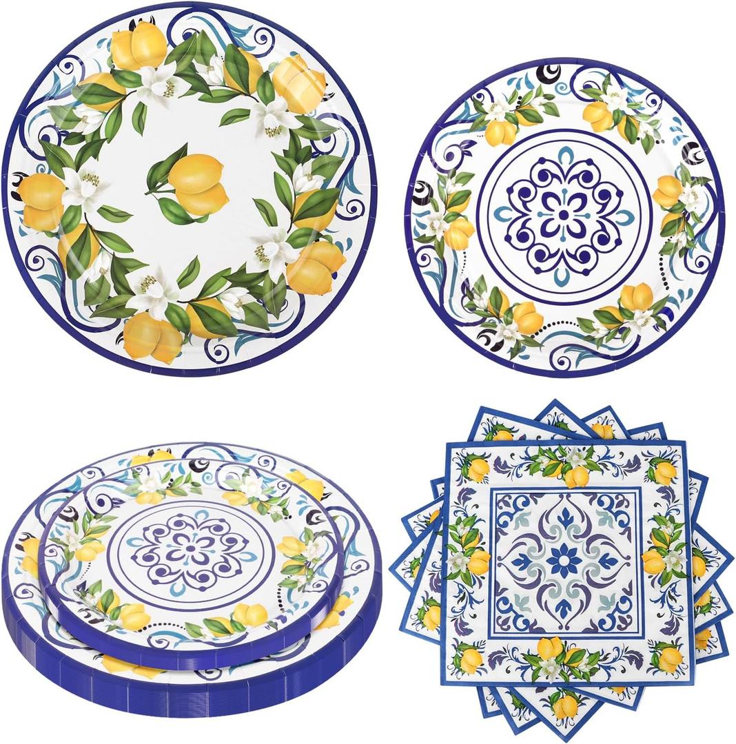 108Pcs Capri Lemon Party Plates Supplies Capri Yellow Lemon Party Plates Supplies includes Lemon Plate and Napkins Blue Tiles Mediterranean Parties Decor for Kids Birthday Baby Shower, Serves 36