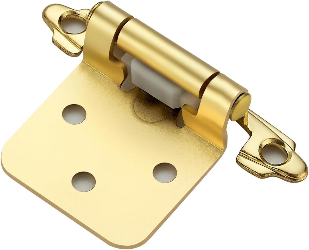 Home Expert 10 Pack (5 Pairs) Gold Cabinet Hinges for Kitchen Doors, Self-Closing, 1/2 Inch Overlay (Variable), Semi-Concealed Face Frame, Surface Mount Cabinet Hardware, Satin Brass