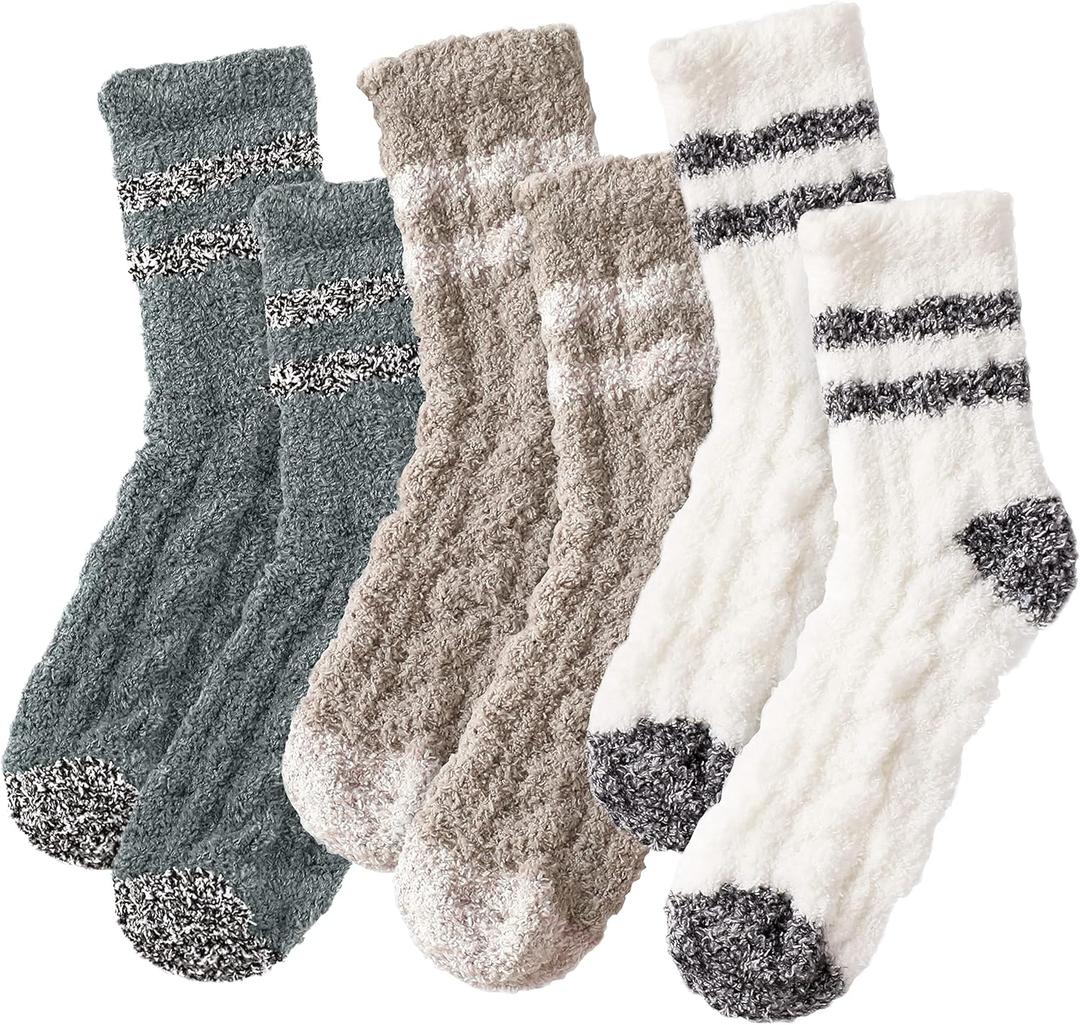 Premillow Fuzzy Socks for Women - Winter Fluffy Cozy Socks with Coral Fleece,Warm Soft Slipper Sock for Women (3 Pairs, Plain Color)