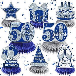 8Pcs Blue 50th Birthday Decorations Navy Blue Silver Happy 50th Birthday Table Honeycomb Centerpieces for Table Decor 50th Birthday Table Topper for Men Women 50th Birthday Anniversary Party Supplies
