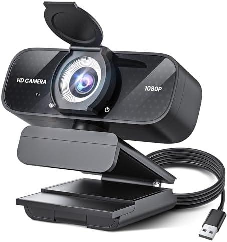 Full HD Webcam with Built-in Microphone and Rotatable Tripod, 1080P Video and Wide Angle Camera, Privacy Cover, for Desktop PC Laptop Computer Black