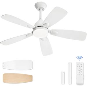 LEDIARY Ceiling Fans with Lights,42 inch Ceiling Fans with Lights and Remote,3CCT,6 Speeds,Reversible DC Motor,Noiseless,Small White Ceiling Fan for Bedroom Farmhouse and Patio,Indoor/Outdoor Use