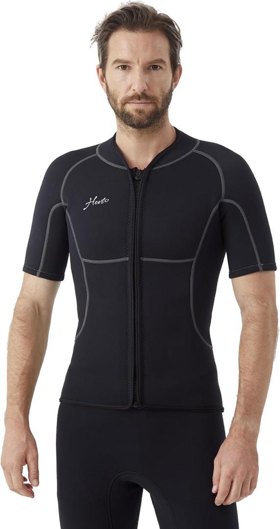 Hevto Men Wetsuit Tops and Vest 3/2mm Neoprene Jacket Surfing Swimming Front Zip Wet Suit for Water Sports, Tops Short 2mm-Black, 3XL
