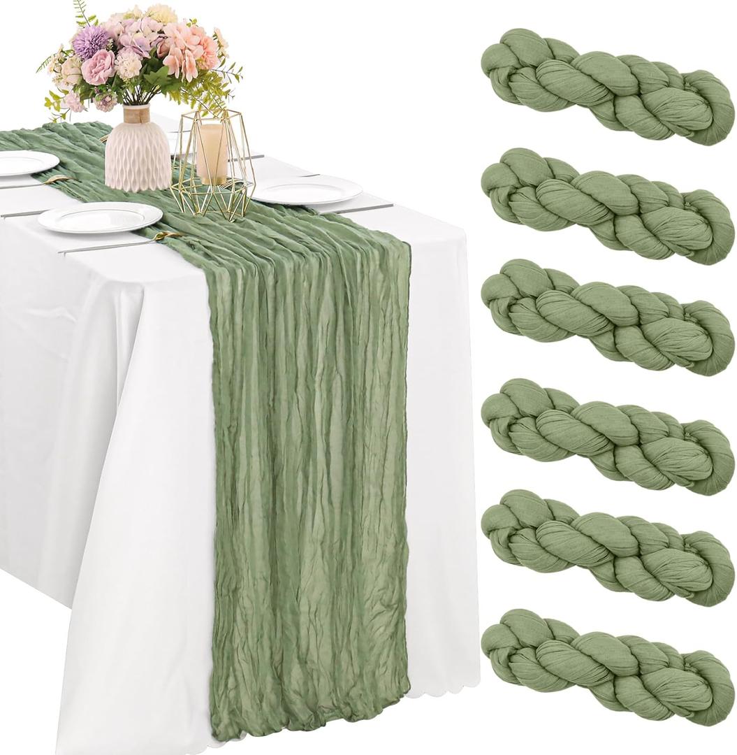 6 Pieces Sage Green 10FT Cheesecloth Table Runner Boho Gauze Fabric Table Runner Rustic Sheer Runner for Wedding Birthday Baby Shower Party Boho Table DecorationSage Green
