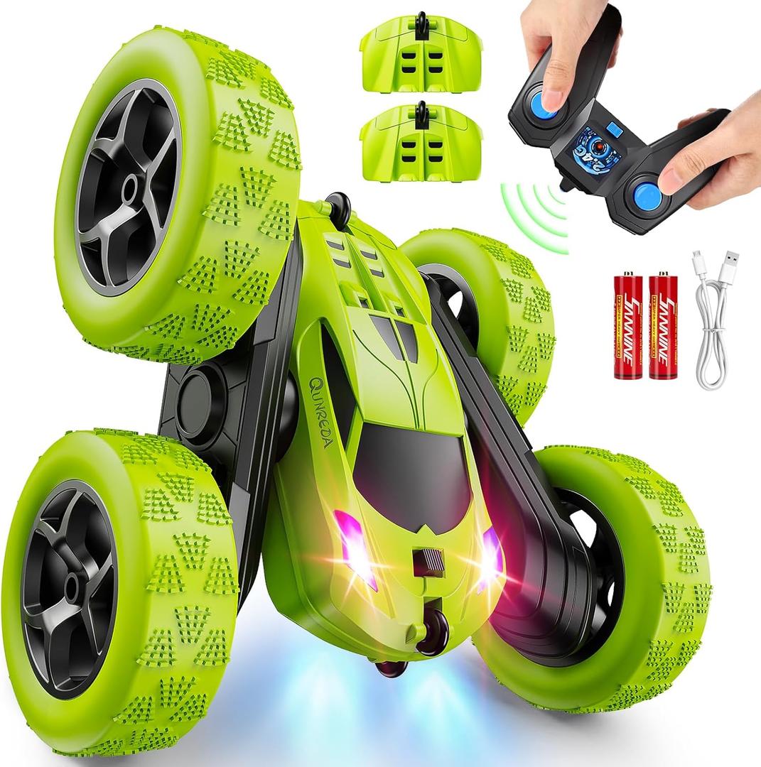 Remote Control Car for Kids Ages 6+, RC Cars Stunt Car Toy 4WD Double Sided 360 Rotating Remote Control with Headlights, Birthday Xmas Gifts for Boys 6 7 8 9 10 11 12 Green
