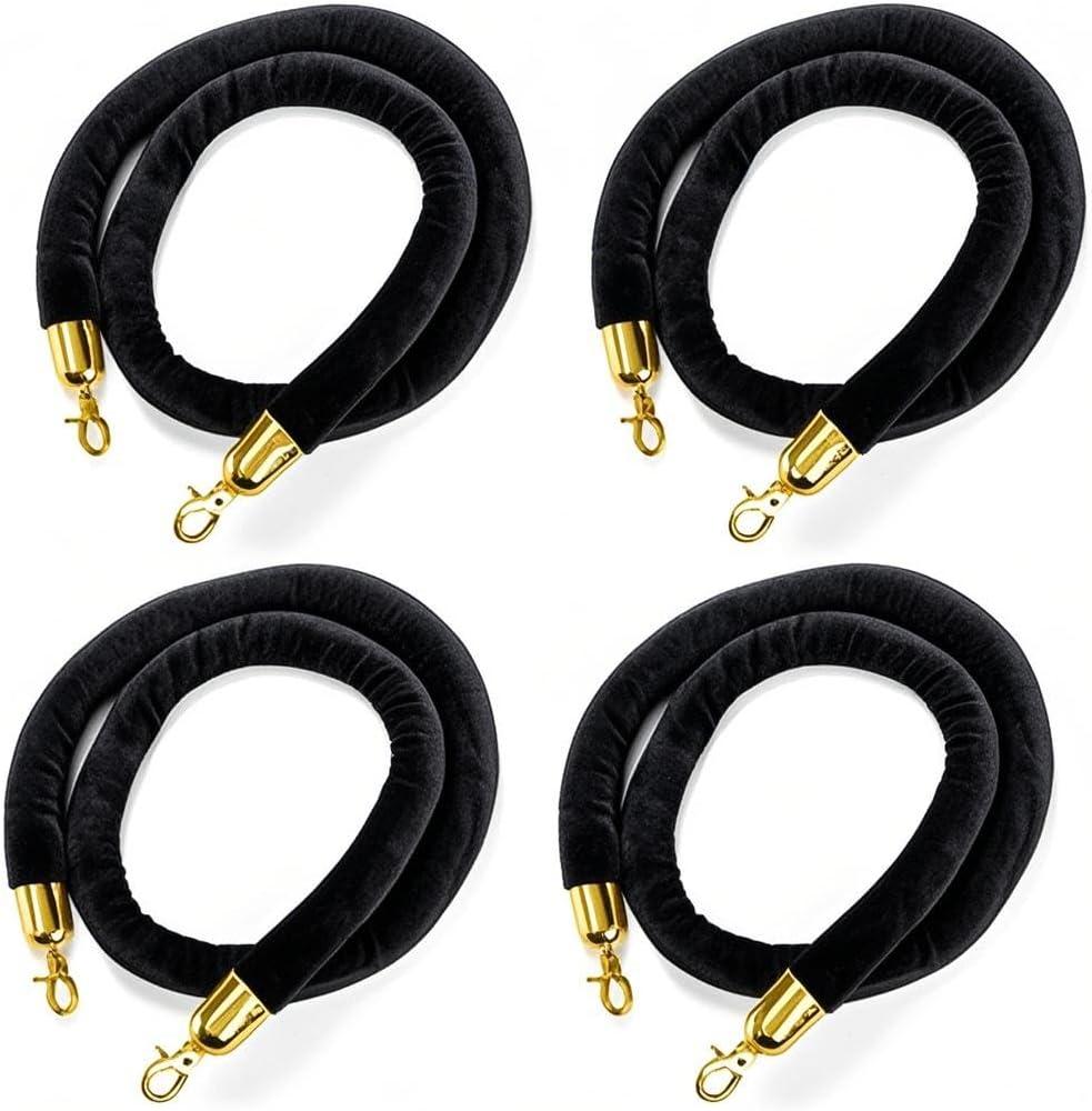 Okllen 4 Pack Black Velvet Stanchion Ropes with Gold Hooks, 5 Ft Crowd Control Barrier for Carpet Events Movie Theaters Hotels (Not Included The Stands)