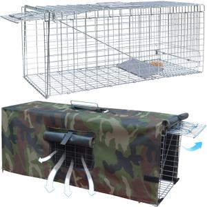 Live Animal Trap Cage with Cover, Cat Trap for Stray Cats 32 Inch Heavy Duty Folding Skunk Traps with Real Door for Raccoons, Opossums, Groundhogs, Skunks, Feral Cats, Squirrels-(32 x 10 x 12 inches)
