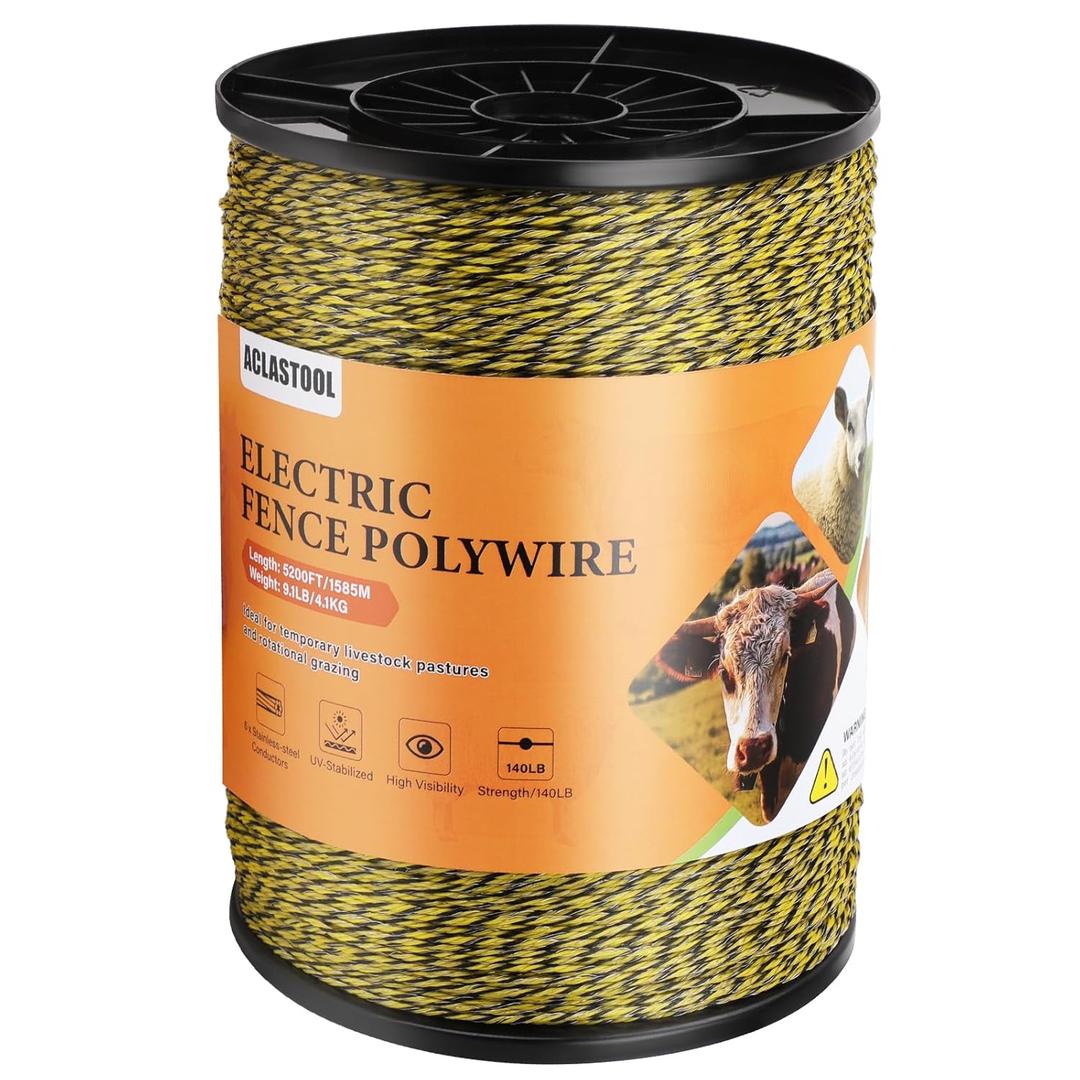 Electric Fence Wire, 5200ft 1585m, Polywire for Portable Livestock Fencing, 6 Stainless Steel Strands for Reliable Conductivity and Rust Resistance, UV Resistant