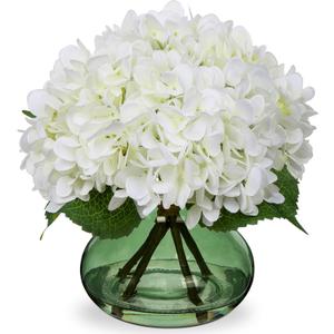 Hollyone White Hydrangeas Floral Arrangement in Glass Vase Artificial Flowers with Vase with Faux Water Silk Faux Flowers Fake Floral Bulk Bouquet for Home Decor Table Centerpiece Decorations